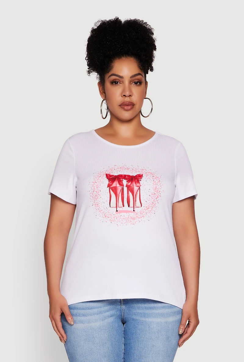 Womens Plus Size Rhinestone Stiletto Heel Graphic Tee, White, Size 1X