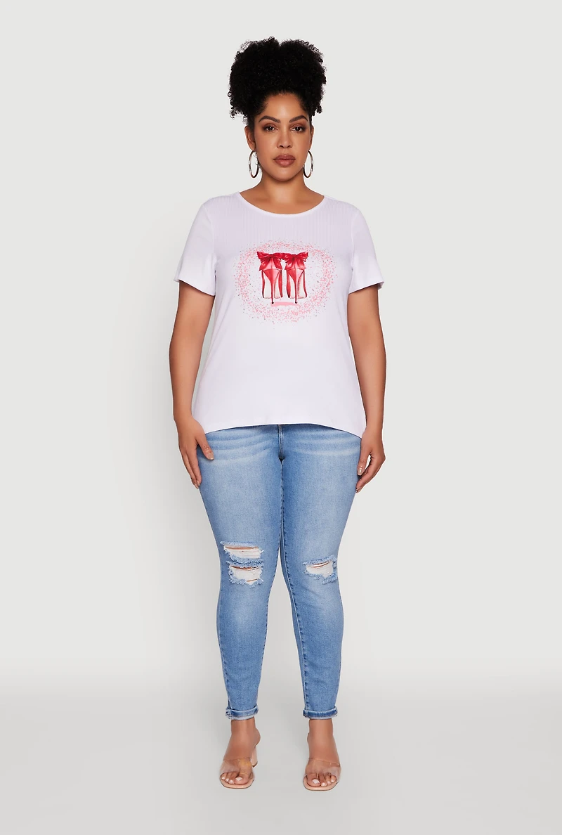 Womens Plus Size Rhinestone Stiletto Heel Graphic Tee, White, Size 1X