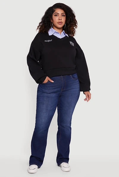 Womens Plus Size New York Long Sleeve Shirt Collar Sweatshirt, Black, Size 2X