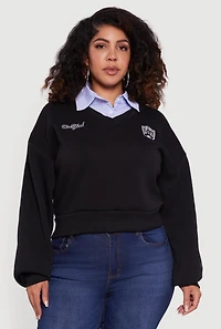 Womens Plus Size New York Long Sleeve Shirt Collar Sweatshirt, Black, Size 2X