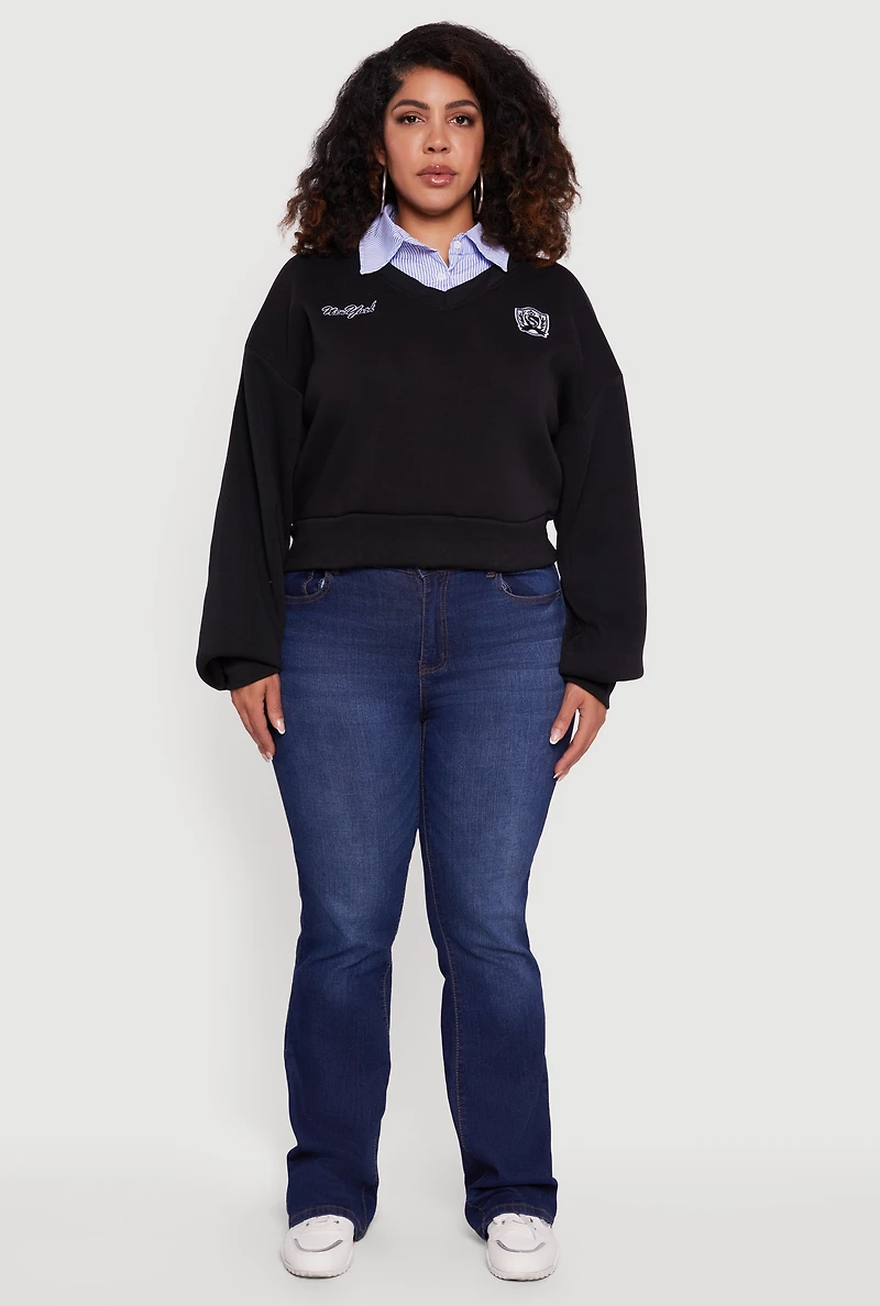 Plus New York Long Sleeve Shirt Collar Sweatshirt
