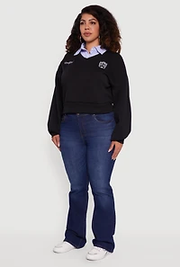 Womens Plus Size New York Long Sleeve Shirt Collar Sweatshirt, Black, Size 2X