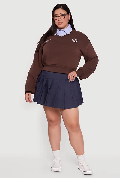 Womens Plus Size New York Long Sleeve Shirt Collar Sweatshirt, Brown, Size 3X