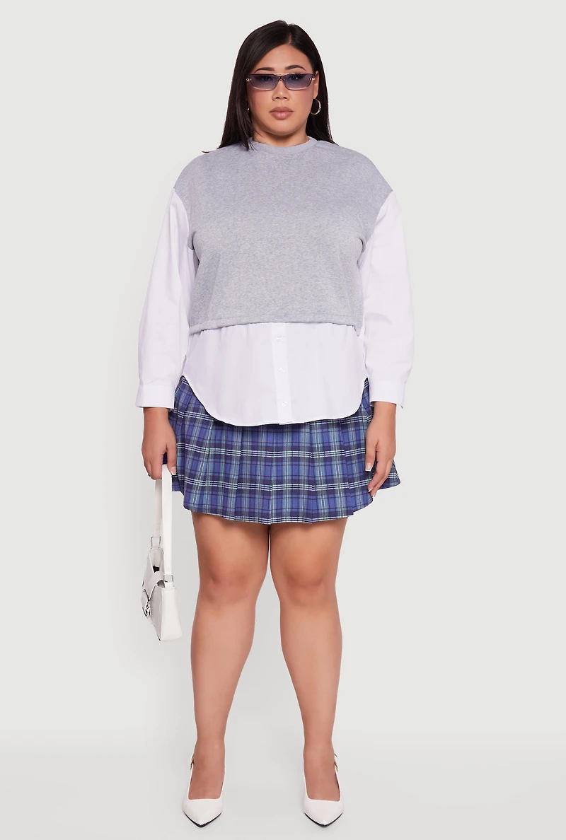 Plus Button Detail Sweatshirt Insert Layered Look Blouse