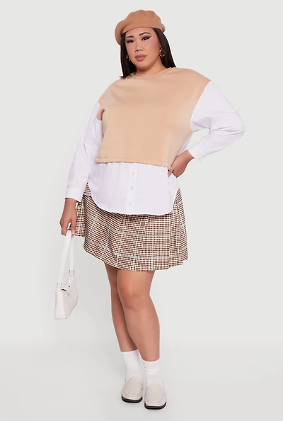 Womens Plus Button Detail Sweatshirt Insert Layered Look Blouse,