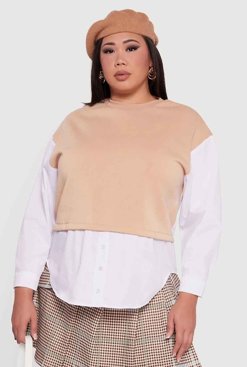 Womens Plus Size Button Detail Sweatshirt Insert Layered Look Blouse, Beige, Size 2X
