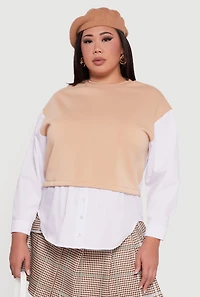 Womens Plus Size Button Detail Sweatshirt Insert Layered Look Blouse, Beige, Size 2X