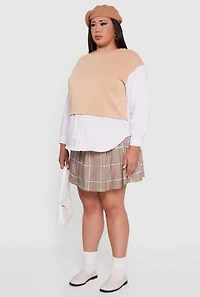 Womens Plus Size Button Detail Sweatshirt Insert Layered Look Blouse, Beige, Size 3X