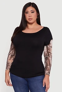 Womens Plus Size Hunter Camo Mesh Sleeve Crew Neck Top, Black, Size 3X