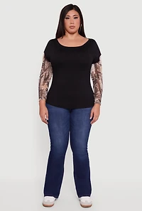 Womens Plus Size Hunter Camo Mesh Sleeve Crew Neck Top, Black, Size 2X