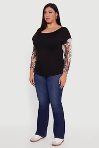 Womens Plus Size Hunter Camo Mesh Sleeve Crew Neck Top, Black, Size 2X