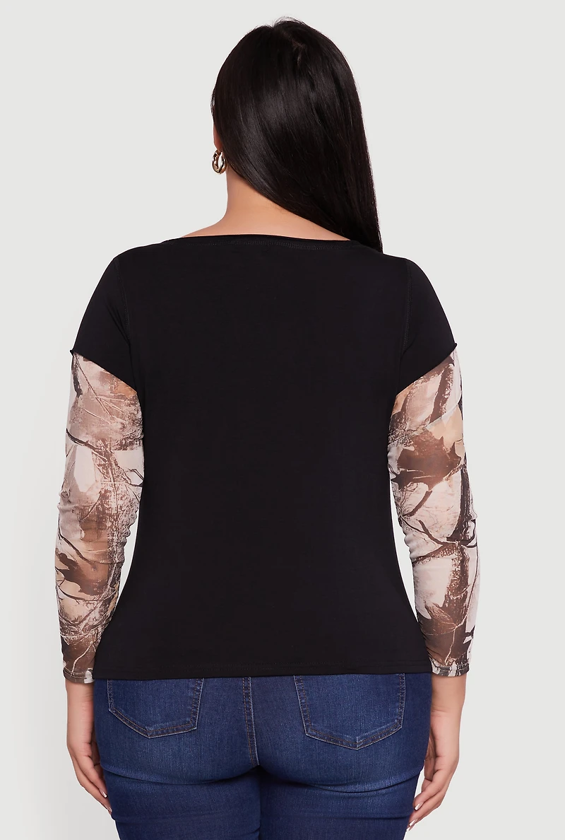 Womens Plus Size Hunter Camo Mesh Sleeve Crew Neck Top, Black, Size 2X
