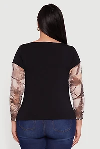 Womens Plus Size Hunter Camo Mesh Sleeve Crew Neck Top, Black, Size 3X