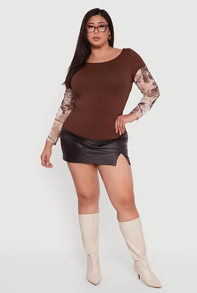 Plus Hunter Camo Mesh Sleeve Crew Neck Top