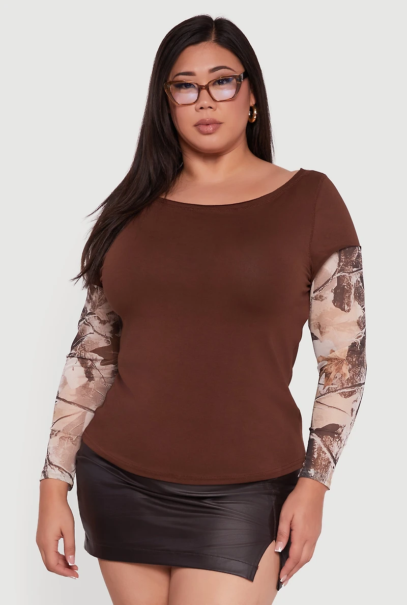 Plus Hunter Camo Mesh Sleeve Crew Neck Top