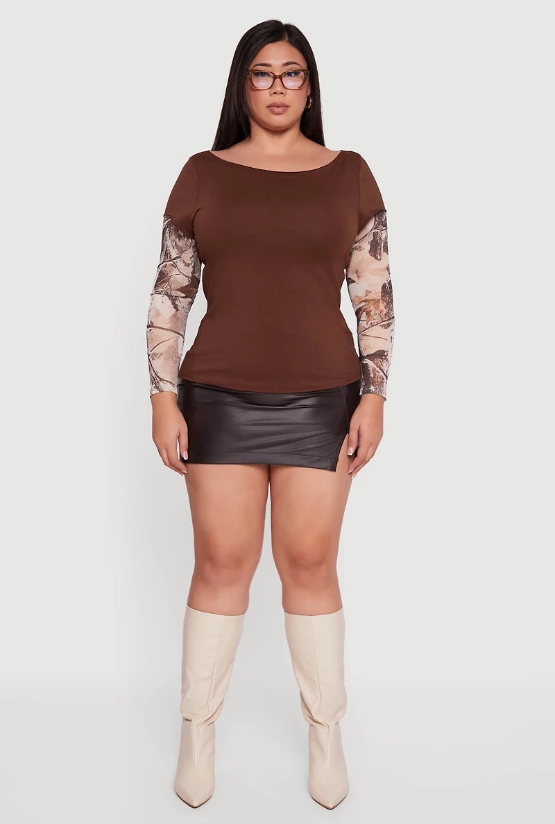Plus Hunter Camo Mesh Sleeve Crew Neck Top