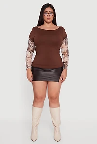 Plus Hunter Camo Mesh Sleeve Crew Neck Top