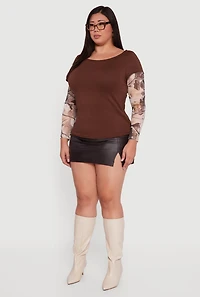 Plus Hunter Camo Mesh Sleeve Crew Neck Top
