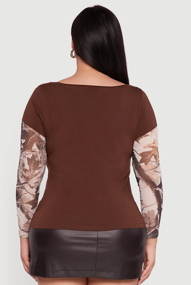 Plus Hunter Camo Mesh Sleeve Crew Neck Top