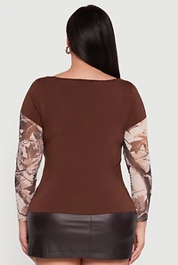 Plus Hunter Camo Mesh Sleeve Crew Neck Top