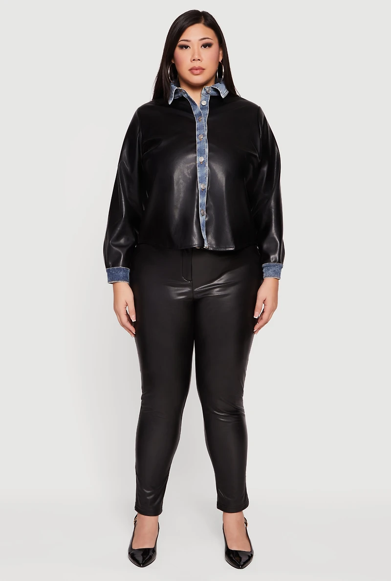 Womens Plus Size Denim Trim Faux Leather Shirt, Black, Size 2X