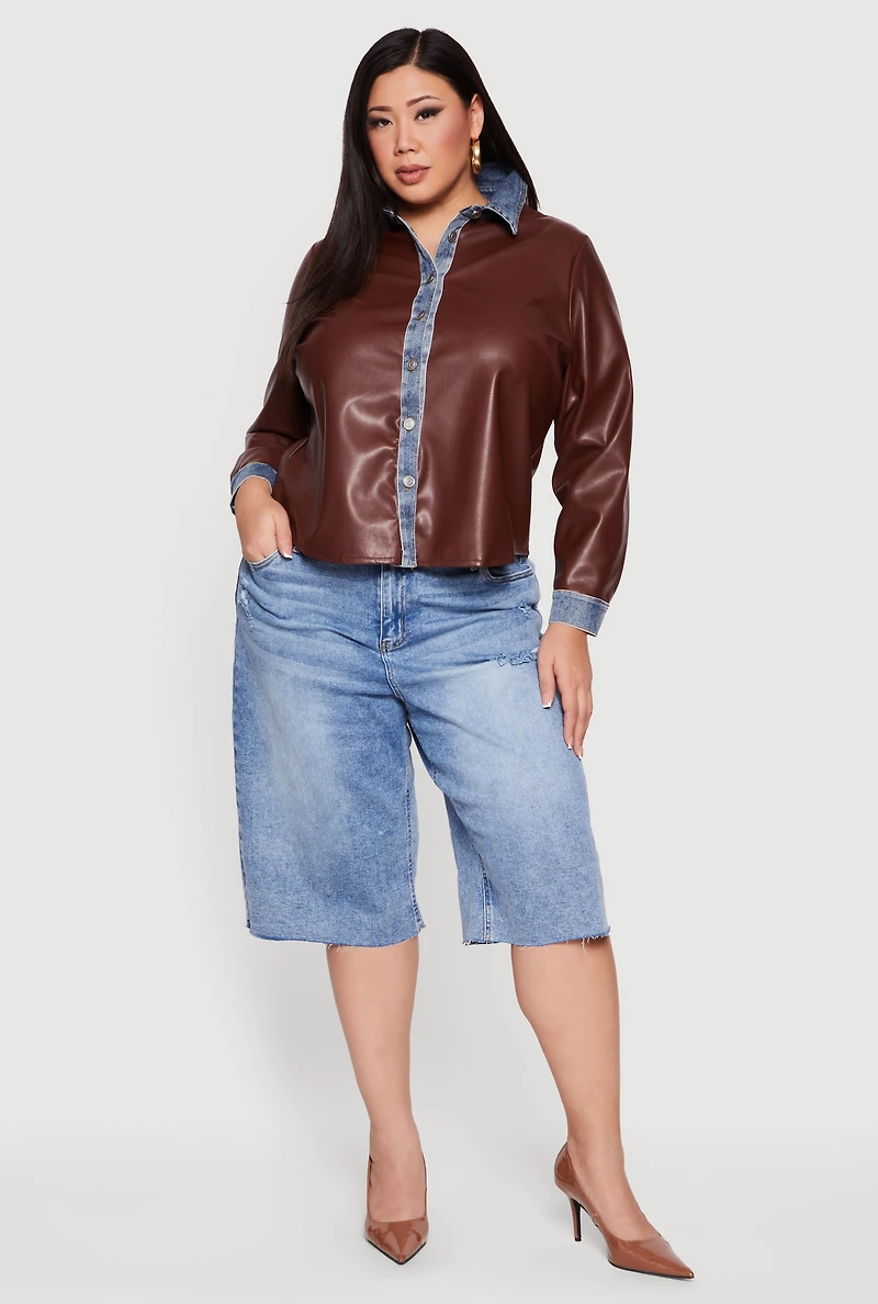 Womens Plus Size Denim Trim Faux Leather Shirt, Brown, Size 1X