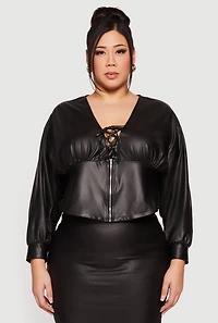 Womens Plus Leather Look Lace Up Zip Front Crop Top, Black,