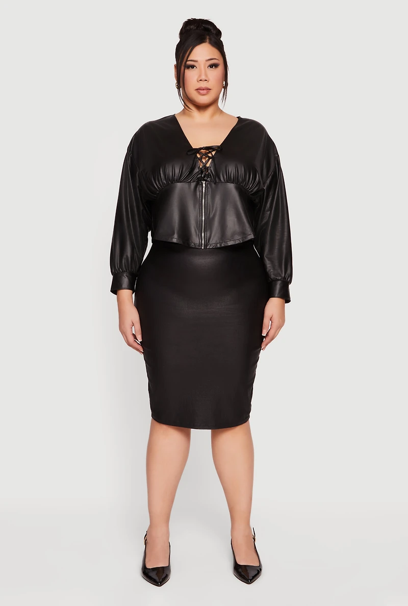 Womens Plus Leather Look Lace Up Zip Front Crop Top, Black,