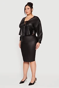 Womens Plus Leather Look Lace Up Zip Front Crop Top, Black,