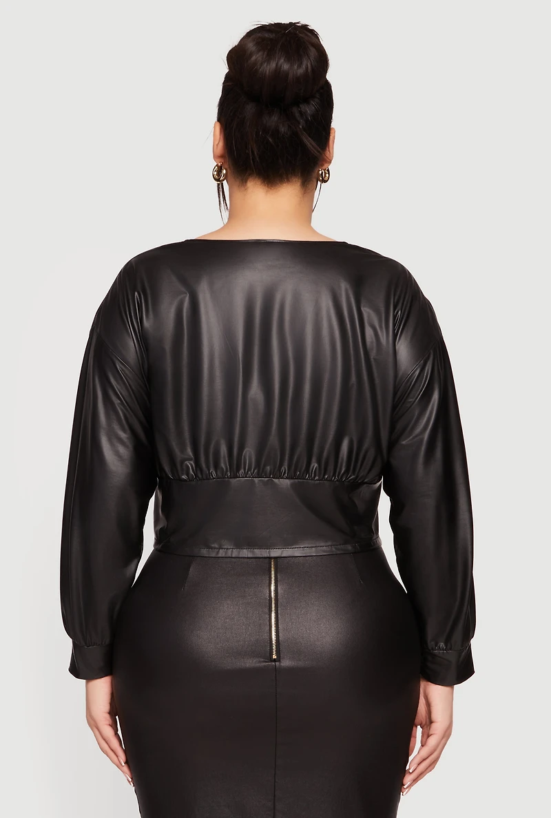 Womens Plus Leather Look Lace Up Zip Front Crop Top, Black,
