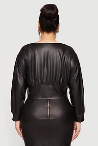 Womens Plus Leather Look Lace Up Zip Front Crop Top, Black,