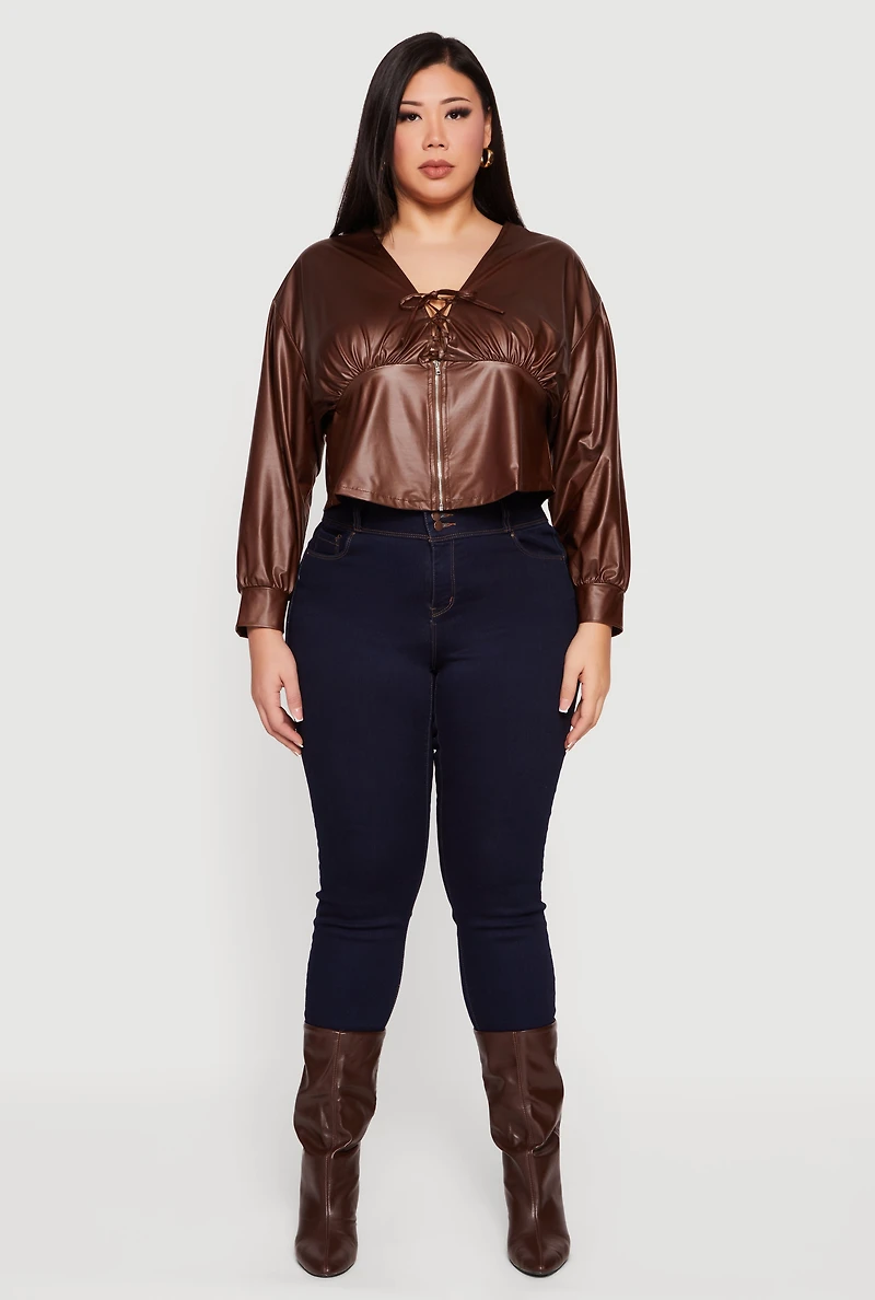 Womens Plus Leather Look Lace Up Zip Front Crop Top, Brown,