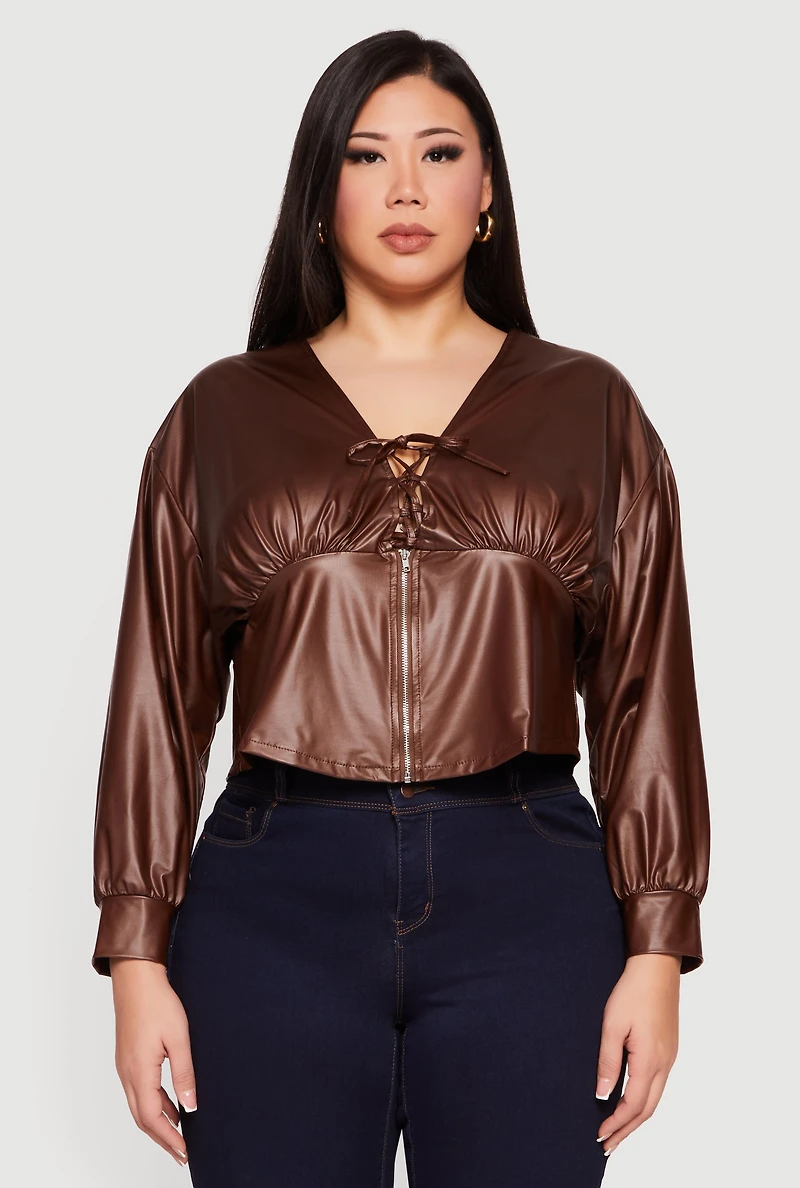 Womens Plus Leather Look Lace Up Zip Front Crop Top, Brown,