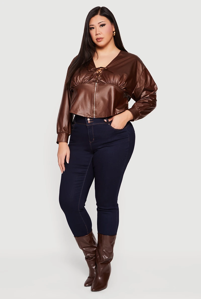 Womens Plus Leather Look Lace Up Zip Front Crop Top, Brown,