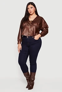 Womens Plus Leather Look Lace Up Zip Front Crop Top, Brown,