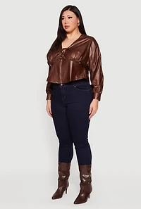 Womens Plus Leather Look Lace Up Zip Front Crop Top, Brown,