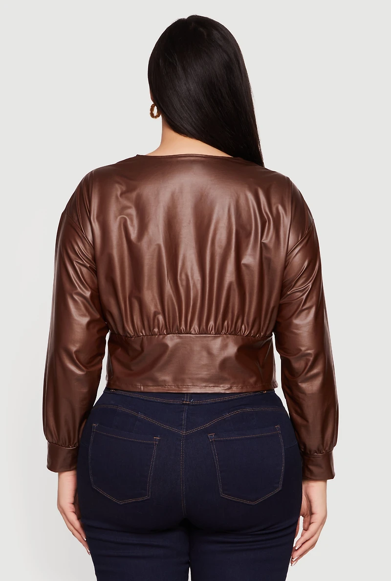 Womens Plus Leather Look Lace Up Zip Front Crop Top, Brown,