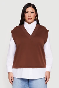 Plus Shirt Collar Layered Look Vest