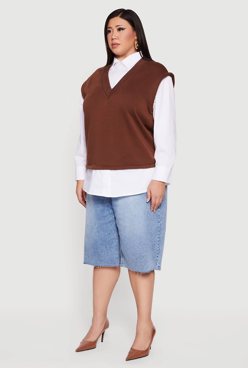 Plus Shirt Collar Layered Look Vest
