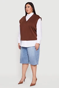 Plus Shirt Collar Layered Look Vest