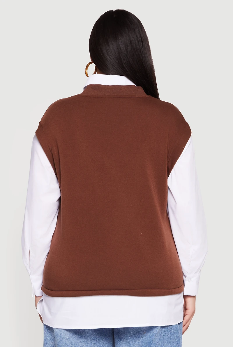 Plus Shirt Collar Layered Look Vest