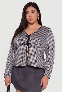 Plus Double Tie Front Gingham Plaid Top
