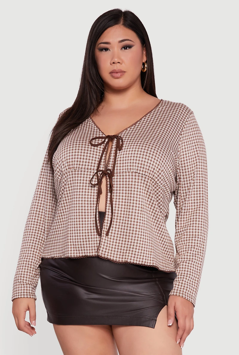 Womens Plus Size Double Tie Front Gingham Plaid Top, Brown, Size 2X