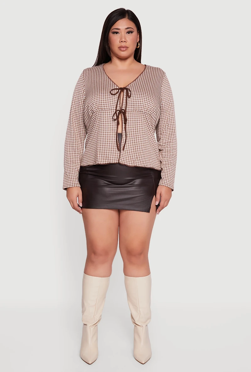 Womens Plus Size Double Tie Front Gingham Plaid Top, Brown, Size 2X