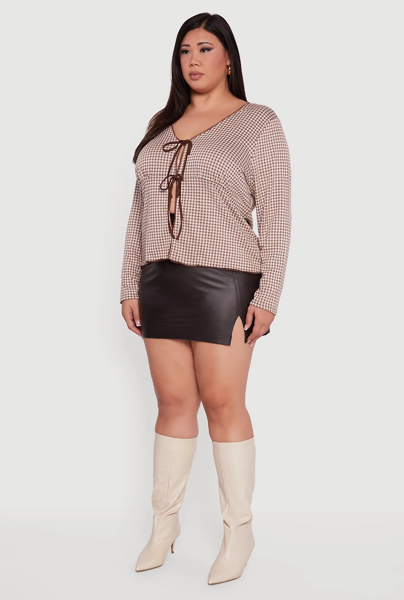 Womens Plus Double Tie Front Gingham Plaid Top, Brown,