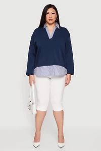 Plus Striped Color Block Layered Look Sweatshirt