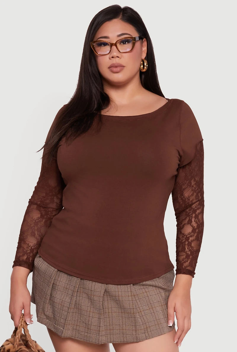 Womens Plus Size Lace Long Sleeve Top, Brown, Size 1X