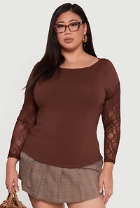 Womens Plus Size Lace Long Sleeve Top, Brown, Size 1X