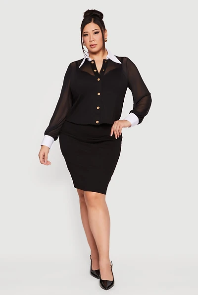 Plus Mesh Long Sleeve Corset Top with Snap Buttons