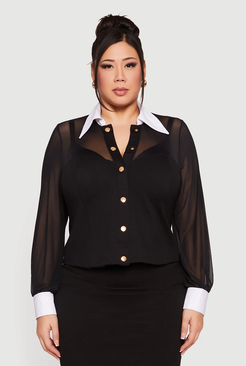 Womens Plus Size Mesh Long Sleeve Corset Top with Snap Buttons, Black, Size 2X